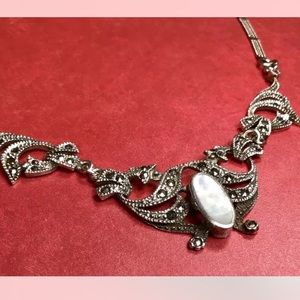 Vintage 925 Sterling Silver Mother of Pearl and Marcasite Gemstone Necklace